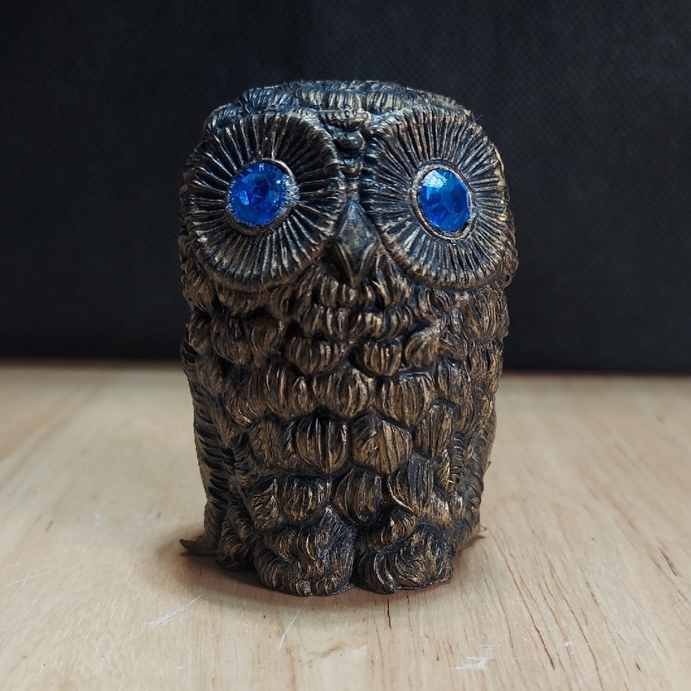 Vintage 1970s Textured Resin Owl Figurine Blue Rhinestone Eyes Made in Italy